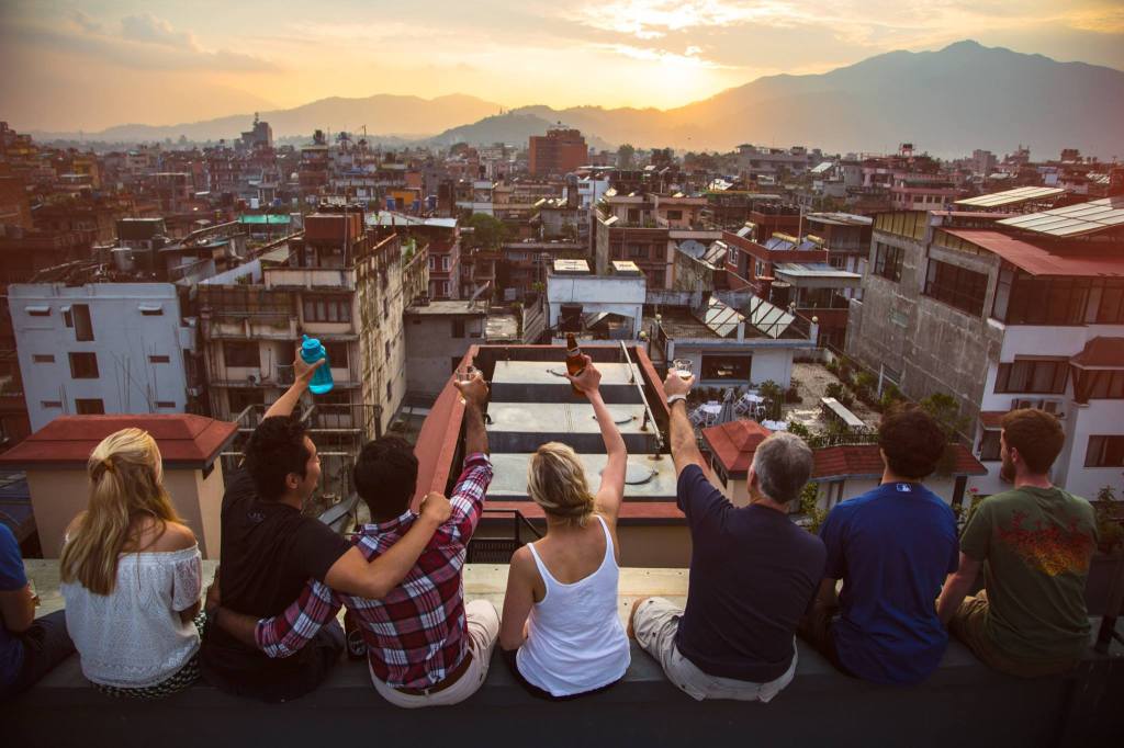 Hotel roof overlooking sunset Kathmandu