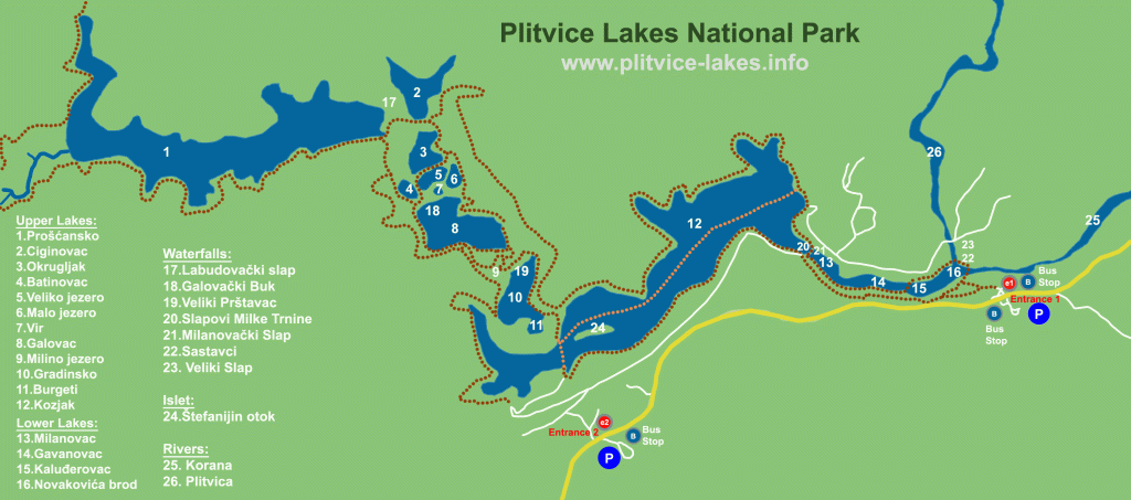 Map for Plitvice Lakes national park showing entrances and trails