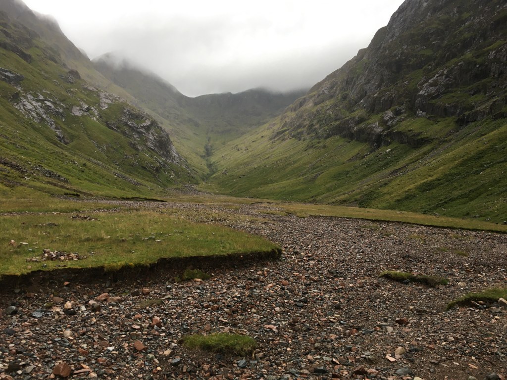 A picture of a potential flash flood zone in Glencoe, Scottish Highlands