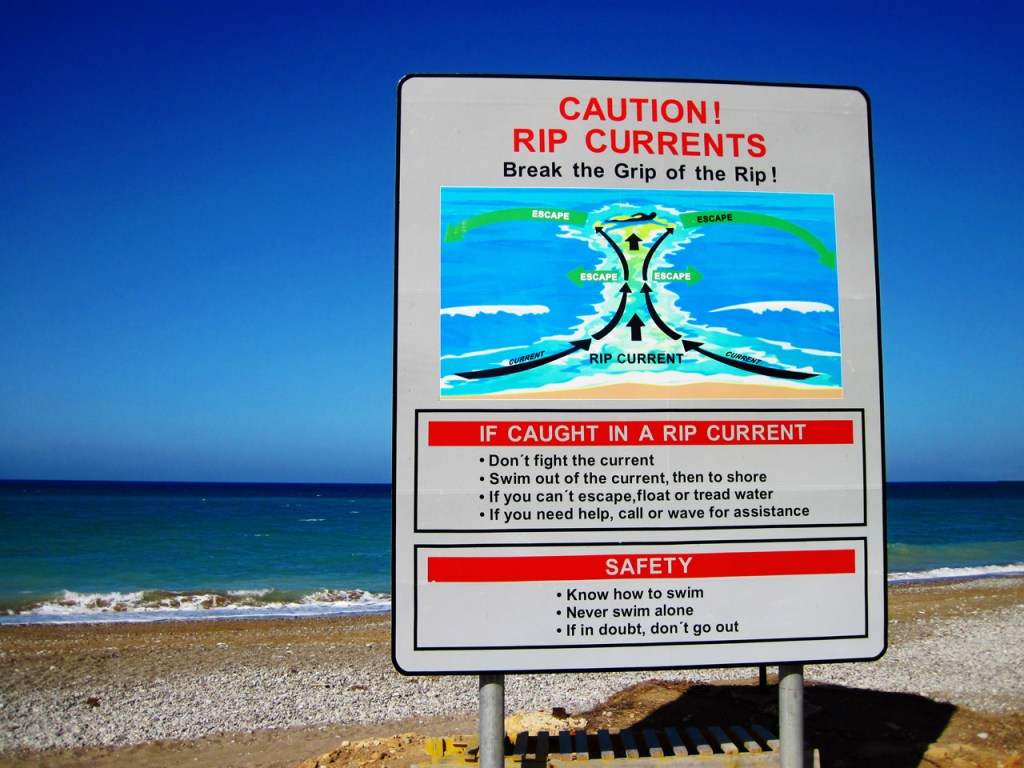 A signpost showing rip current risks and how to escape them
