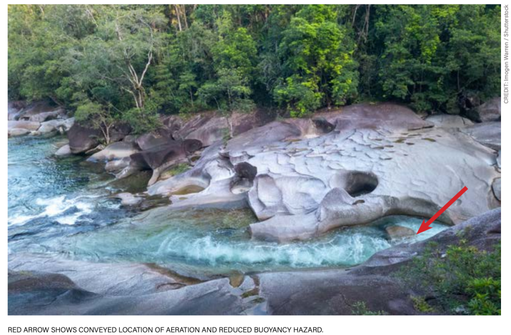 A picture of the Chute in Babinda boulders and arrow showing aerated water